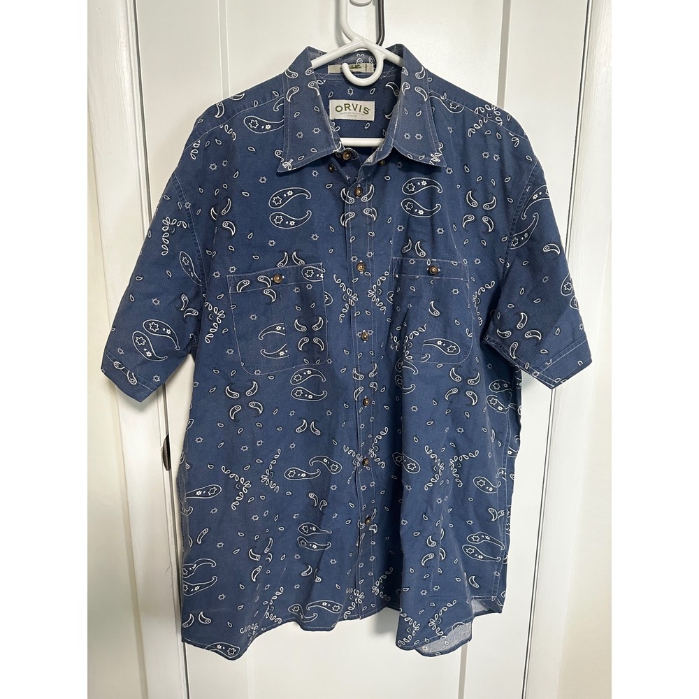 Orvis Mens XL Blue Paisley‎ Star Print Short Sleeve Button Down Cotton Shirt